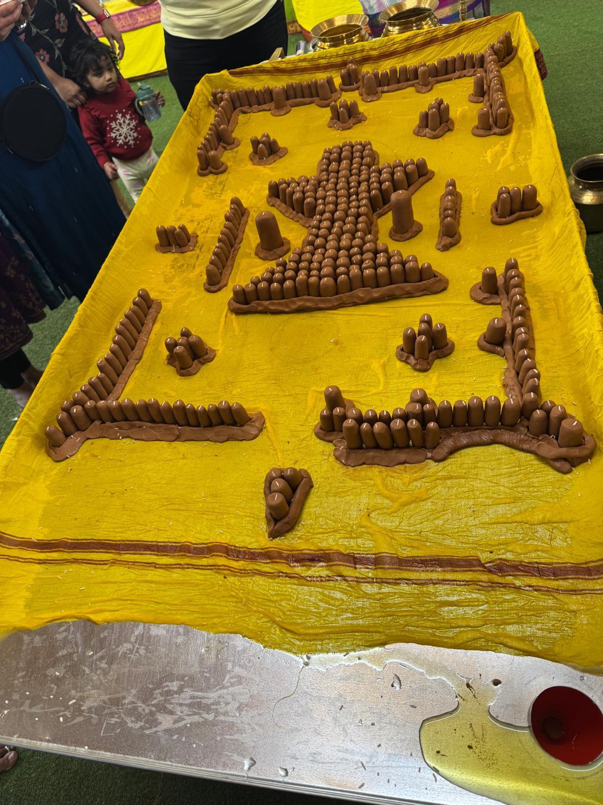 A Shiva Linga being anointed with milk and other ritual offerings during an Abhishekam as part of the Maha Linga Archana ceremony.